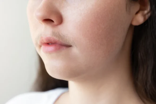 A close up of a womans face with a mustache over her upper lip. The concept of hair removal and epilation