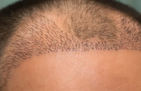 Close up top view of a mans head with hair transplant surgery with a receding hair line.