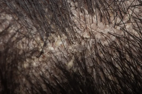 Folliculitis Decalvans or seb derm macro view of hair root or scalp with dandruff seborrheic dermatitis