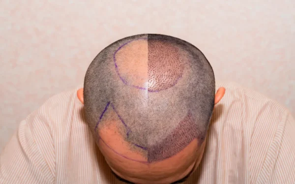 Top view of a mans head with hair transplant surgery with a receding hair line. Bald head of hair loss treatment.