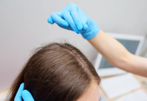 exam hair shedding a dermatologist trichologist examines the hair of a young woman patient. Trichology is the science of the condition and structure of hair. Hair health