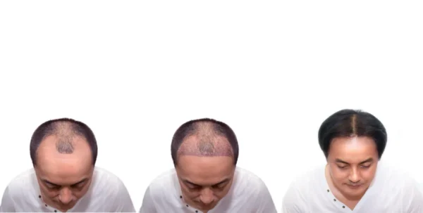 surgery with a receding hair line. before and after bald head of a man . After Bald head of hair loss treatment